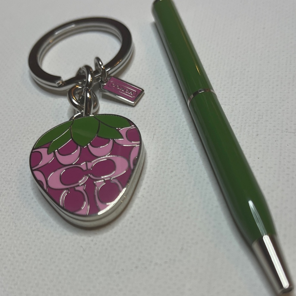 Coach Pink Strawberry Locket Keychain and Green Coach Pen Set - Picture 2 of 6